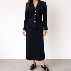 St. John Basics Set Black Santana Wool Knit Skirt Suit Small 6/8 Vintage Classic